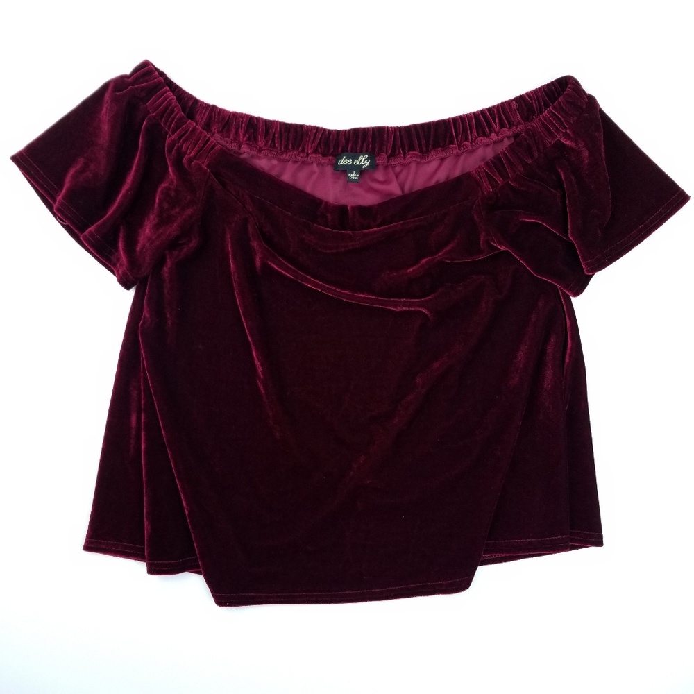 ✔Dee Elly Maroon Velvet Off-the-Shoulder Top Large